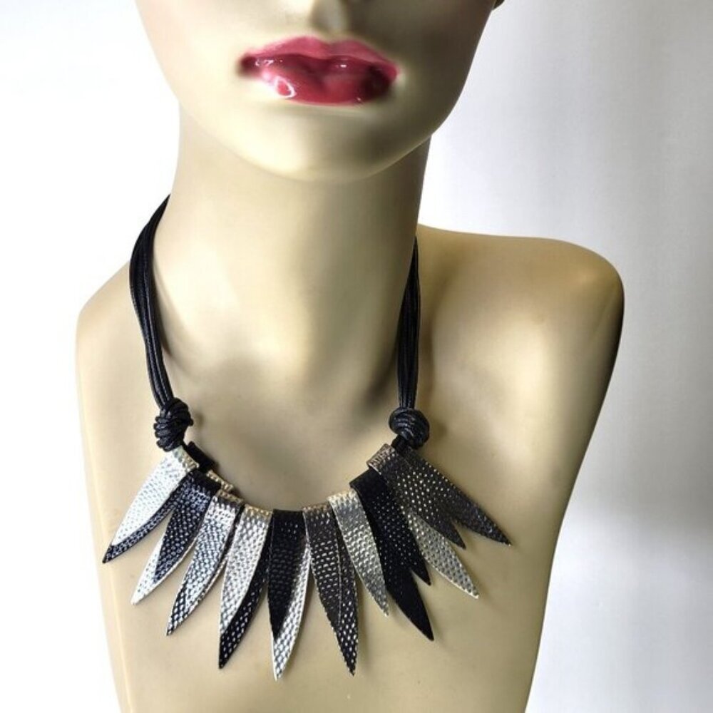 Spiked Silver and Black Pendant Bib Necklace Statement black silver Choker